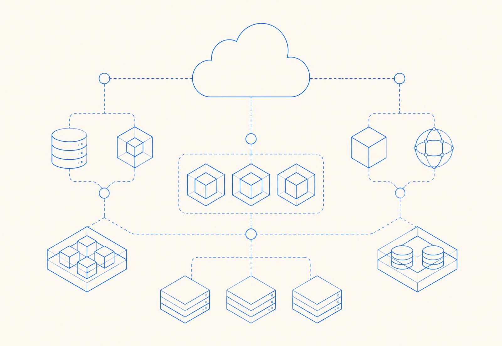 Line diagram of a cloud architecture linking services, containers and databases