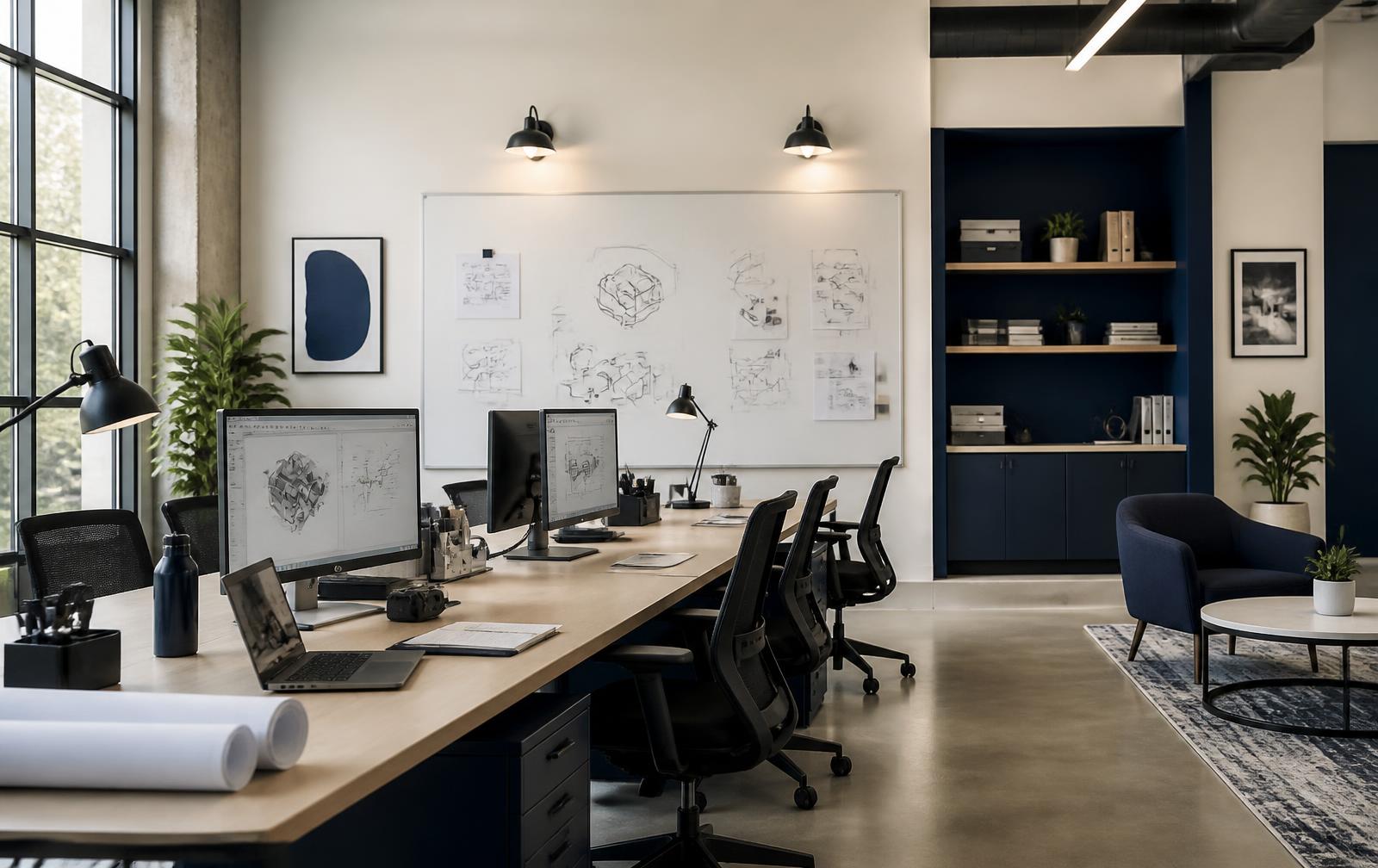 Collaborative studio workspace with monitors, notes and architecture sketches